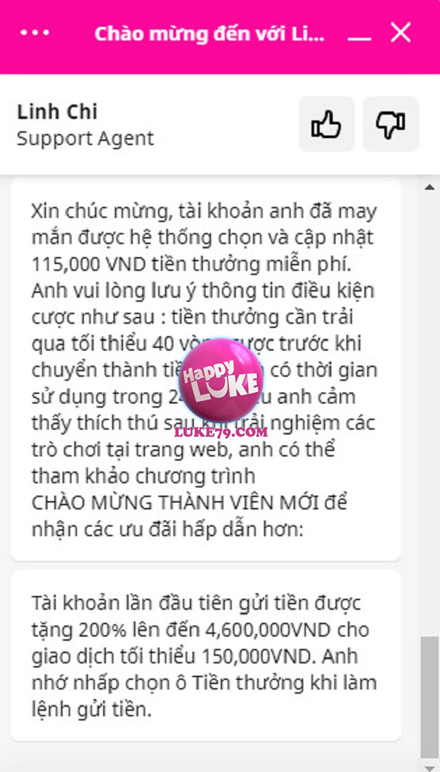 Nhận thưởng 100k tiền cược miễn phí từ Happyluke